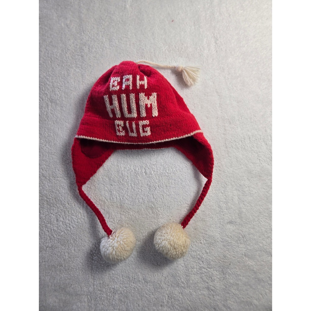 Kate Spade Bah Hum Bug Red Wool Fleece Lined Earflap Hat Pom Pom Beanie